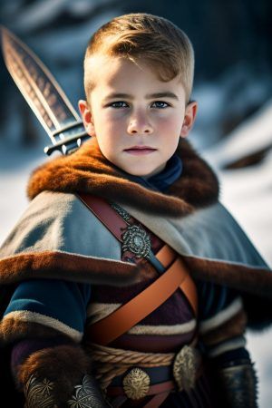 WonderPix: A spirited viking lad grasps his sword with youthful vigor